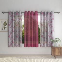 HOSTA HOMES Red & White Set of 3 Floral Window Curtain-6