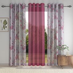 HOSTA HOMES Red & Off-White Set of 3 Floral Sheer Long Door Curtains-8