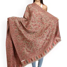 Exotic India Sandshell Reversible Woven Flowers Jamawar Wool Shawl-image-2