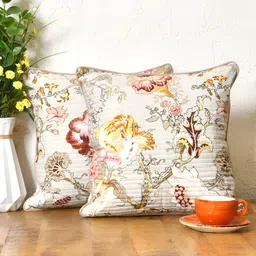 Clasiko Grey & Beige 2 Pieces Floral Cotton Square Cushion Covers-17