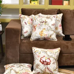 Clasiko Beige & Maroon 5 Pieces Floral Cotton Square Cushion Covers-18