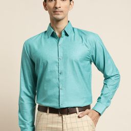 SOJANYA Men Turquoise Blue Cotton Linen Classic Fit Solid Formal Shirt-image-17