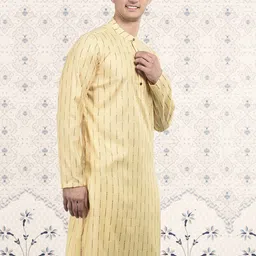 Ode by House of Pataudi Yellow & Brown Stripes Woven Design Mandarin Collar Straight Kurta-picture-15