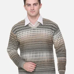 aarbee Men Beige & Black Checked Printed Striped Pullover-picture-2