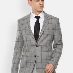 Louis Philippe Men Grey & Black Checked Single-Breasted Woolen Formal Blazer-image-46