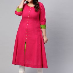 YASH GALLERY Women Plus Size Pink Solid A-Line Kurta with Front Slit & Mirror Work Detail-picture-41