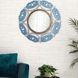 Aapno Rajasthan Blue & White Textured Wooden Round Vintage Framed Wall Mirror-24