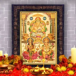 Hawai Brown & Gold Toned God Laxmi Kuber Ganesh Wooden Wall Photo Frame-image-50