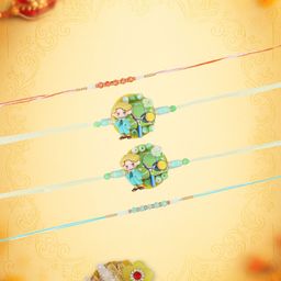 Yellow Bee Set Of 4 Unisex Thread Rakhis With Roli Chawal & Greeting Card-image-64