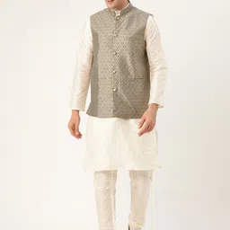 SOJANYA Men Off-White & Grey Solid Kurta with Churidar & Nehru Jacket-12