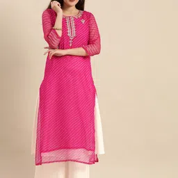 Varanga Fuchsia Leheriya Printed Gota Patti Yoke Embroidery Kurta-picture-0
