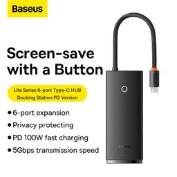 Baseus Lite Series 6-Port Type-C HUB Docking Station (Type-C to HDMI+USB3.0 * 2+PD+SD/TF) Black image 4