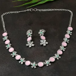 AccessHer Women Silver-Plated Pink & White Stone-Studded Jewellery Set-3