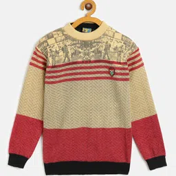 AD & AV Boys Mustard Yellow & Red Woollen Chevron & Graphic Print Pullover-image-81