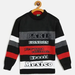 AD & AV Boys Black & Red Woollen Typography Print & Striped Pullover-image-18