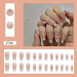 Gloss & Go 24 Reusable Artificial Fake Nail Set| Long Peach White And Silver With Diamond Cross Design| Lightweight & Long Lasting| Easy To Use| Quick Fix For Festivals & Special Occasions image 2