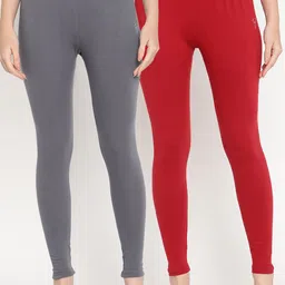 TAG 7 Women Grey & Maroon Solid Ankle-Length Leggings Pack Of 2-image-15