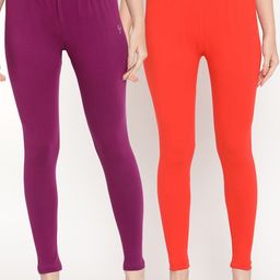 TAG 7 Women Purple & Orange Pack Of 2 Solid Comfort-Fit Ankle-Length Leggings-image-44