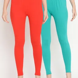TAG 7 Women Pack Of 2 Orange & Turquoise Blue Solid Ankle-Length Leggings-image-28