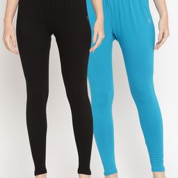 TAG 7 Women Pack Of 2 Black & Blue Solid Ankle-Length Leggings-image-10