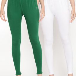 TAG 7 Women Pack of 2 White & Green Solid Comfort Fit Ankle Length Leggings-image-31