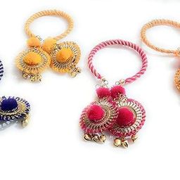 anishop Set of Handmade Silk Thread Flexible Bangles with Latkan In Cowrie Shell and Metal Moti Work for Women (Pack of 4) image 1