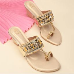 ROCIA Women Gold Mirror Work Kolhapuri Wedges Heels-picture-6