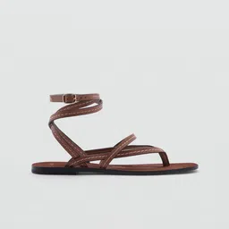 MANGO Women Leather Open Toe Flats With Buckle Detail-image-75