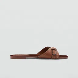 MANGO Women Open Toe Leather Flats with Buckle Detail-17