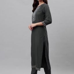 RAJGRANTH Women Grey Yoke Design Thread Work Kurta with Trousers & With Dupatta image 5