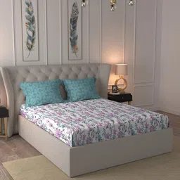 MYTRIDENT Violet  White Floral Cotton 144 TC Queen Bedsheet With 2 Pillow Covers-image-54