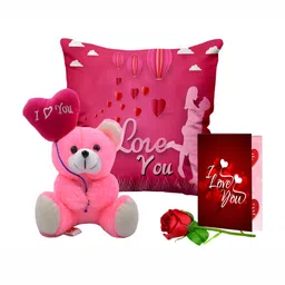 ME & YOU Red & Pink 4 Pieces Printed Cushion With Teddy & Card & Rose Home Gift Set-image-85