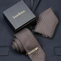 LOUIS STITCH Men Printed Silk Tie with Tie Pin & Pocket Square Accessory Gift Set-31