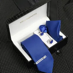 MUTAQINOTI Men Blue Silk Necktie Accessory Gift Set-image-11