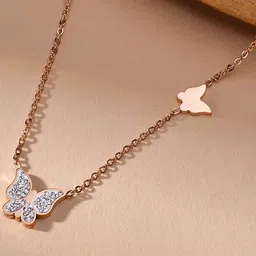 MYKI Rose Gold-Plated Stainless Steel Butterfly Shaped Stones Studded Pendant Necklace-55