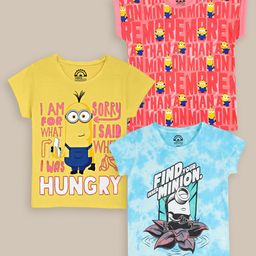 Kids Ville Girls Pack of 3 Minion Printed Pure Cotton T-Shirts-image-77