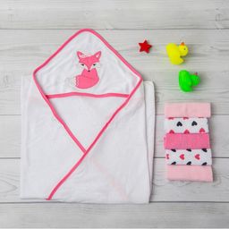 Baby Moo Infant Girls White & Pink 210 GSM Hooded Towel And 5 Wash Cloth Set-26