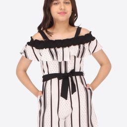 CUTECUMBER Girls Striped Cold Shoulder Waist Tie Ups Playsuit Jumpsuit-image-54