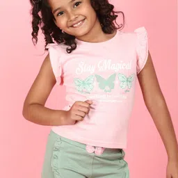 V-Mart Girls Printed Flutter Sleeves Pure Cotton Top with Skirt-image-59