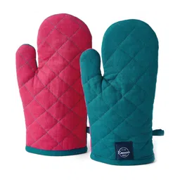 Encasa Homes 2 Pieces Teal Blue & Pink Quilted Cotton Oven Gloves-picture-28