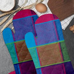 Lushomes Blue & Maroon 2-Pieces Checked Quilted Heat Resistant Oven Gloves-56