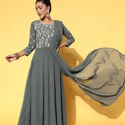 Kvsfab Grey Floral Embroidered Georgette Draped Gown-image-8