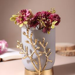 Decor de Maison Grey & Gold Toned Leaf Glass Vase With Metal Base-3