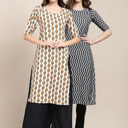 KALINI Women Pack of 2 Off White & Black Ethnic Motifs Striped Crepe Kurta-image-82