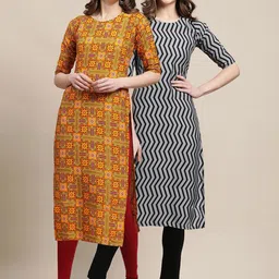 KALINI Women Pack of 2 Yellow & Black Ethnic Motifs Printed Crepe Kurta-picture-14