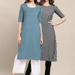 KALINI Women Pack Of 2 Blue & Black Geometric Printed Block Print Crepe Kurta-picture-15