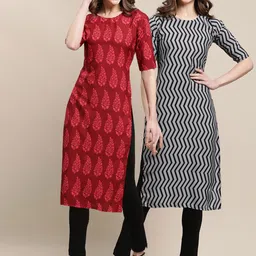 KALINI PACK OF 2 Women Red & Black Ethnic Motifs Printed Summer Sheers Crepe Kurta-26