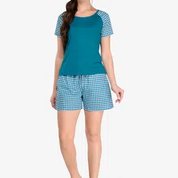 evolove Women Sea Green & White Checked Pure Cotton Night suit-26
