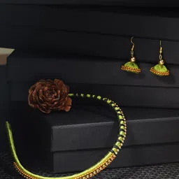AKSHARA Girls Green & Gold-Toned Beaded Hair Band With Earrings-image-81
