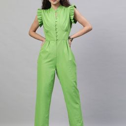 STREET 9 Women Green Solid Basic Cotton Jumpsuit-image-12